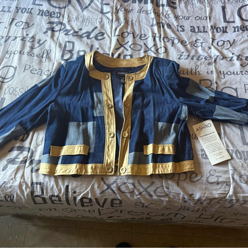 Ashro Navy Blue and Gold Cropped Blazer